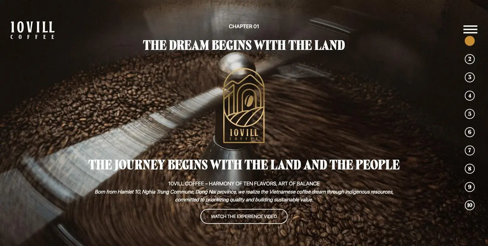 Website chapter one — a coffee cherry in close-up under the line The dream begins with the land
