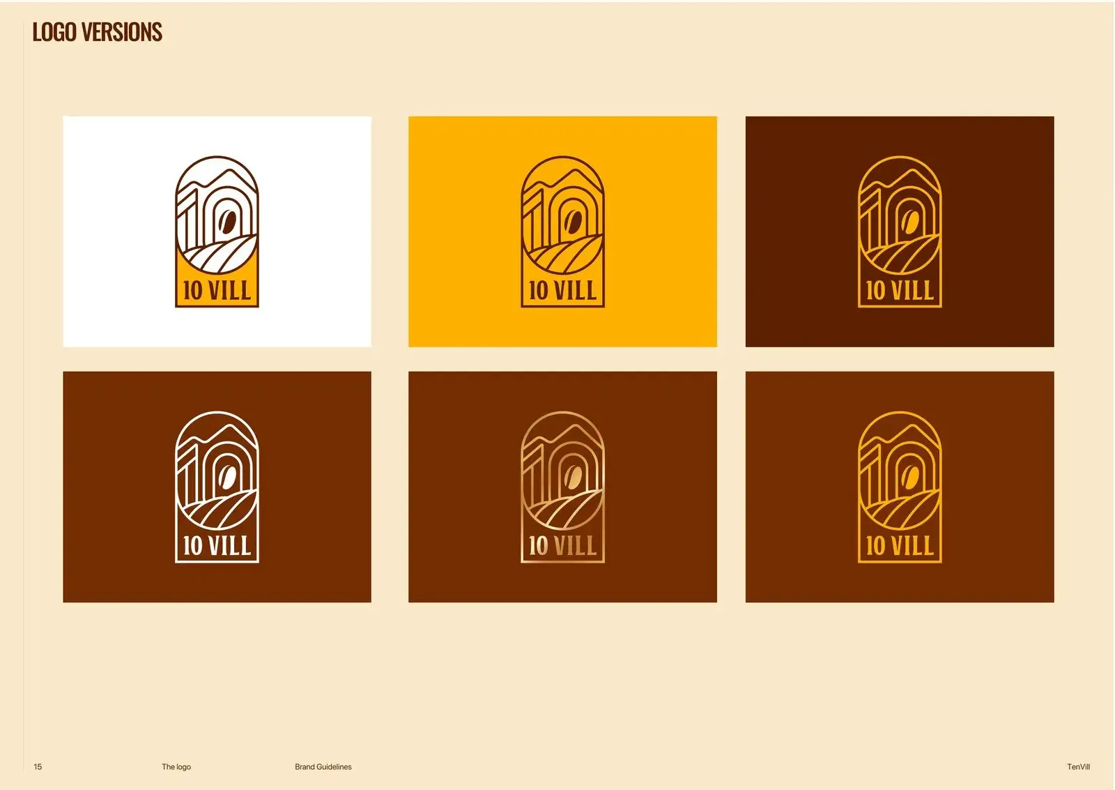 Six versions of the mark across cream, gold and brown fields