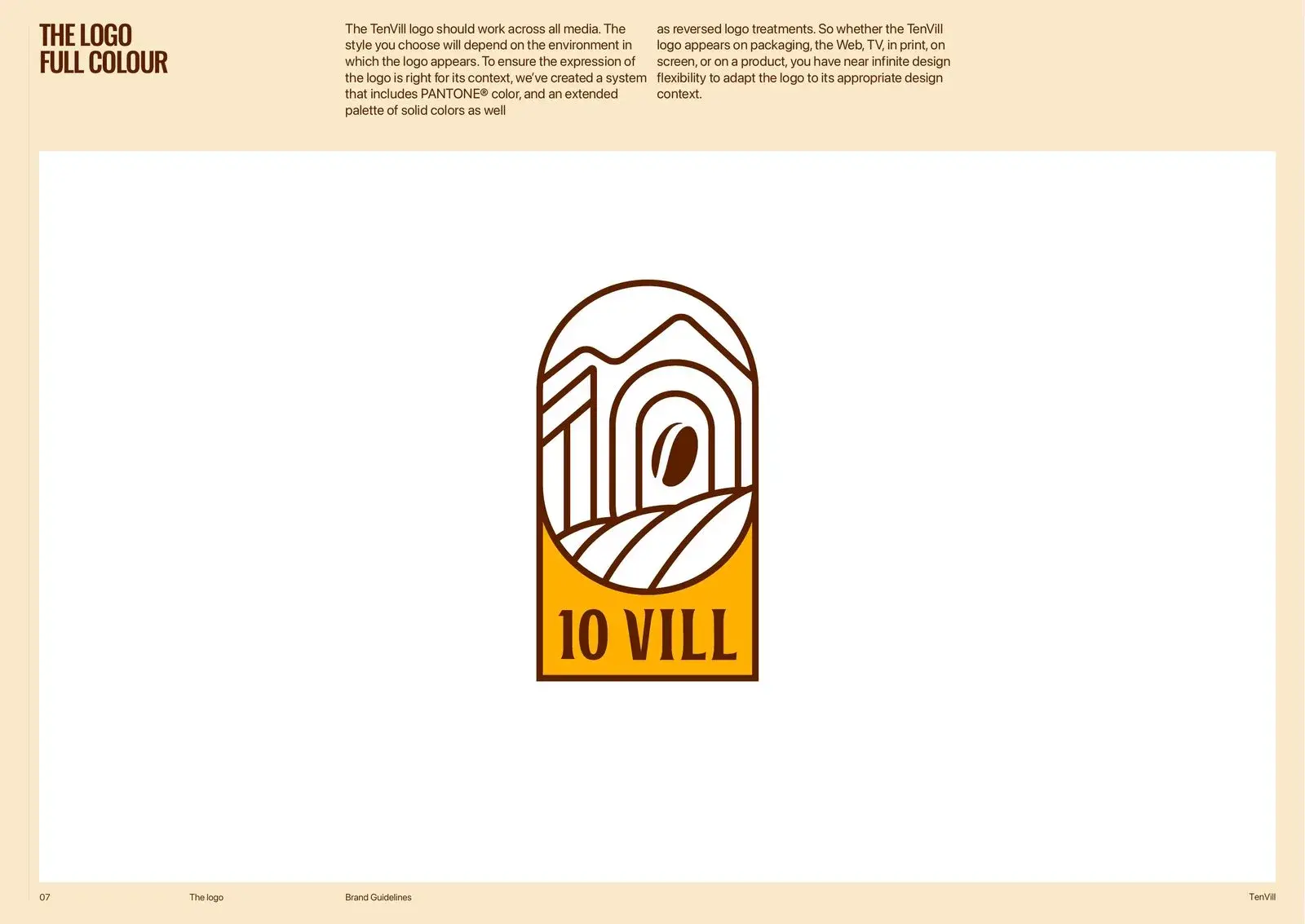 The 10 VILL arch mark in full colour, centred on a cream guideline page