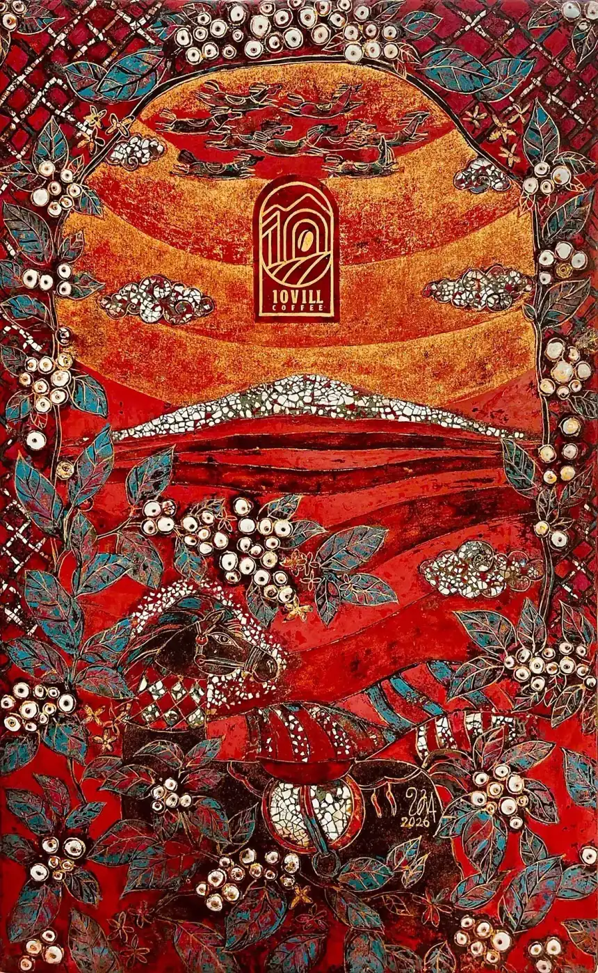 The artist’s source lacquer painting — a vertical composition of orchard, river and mountain