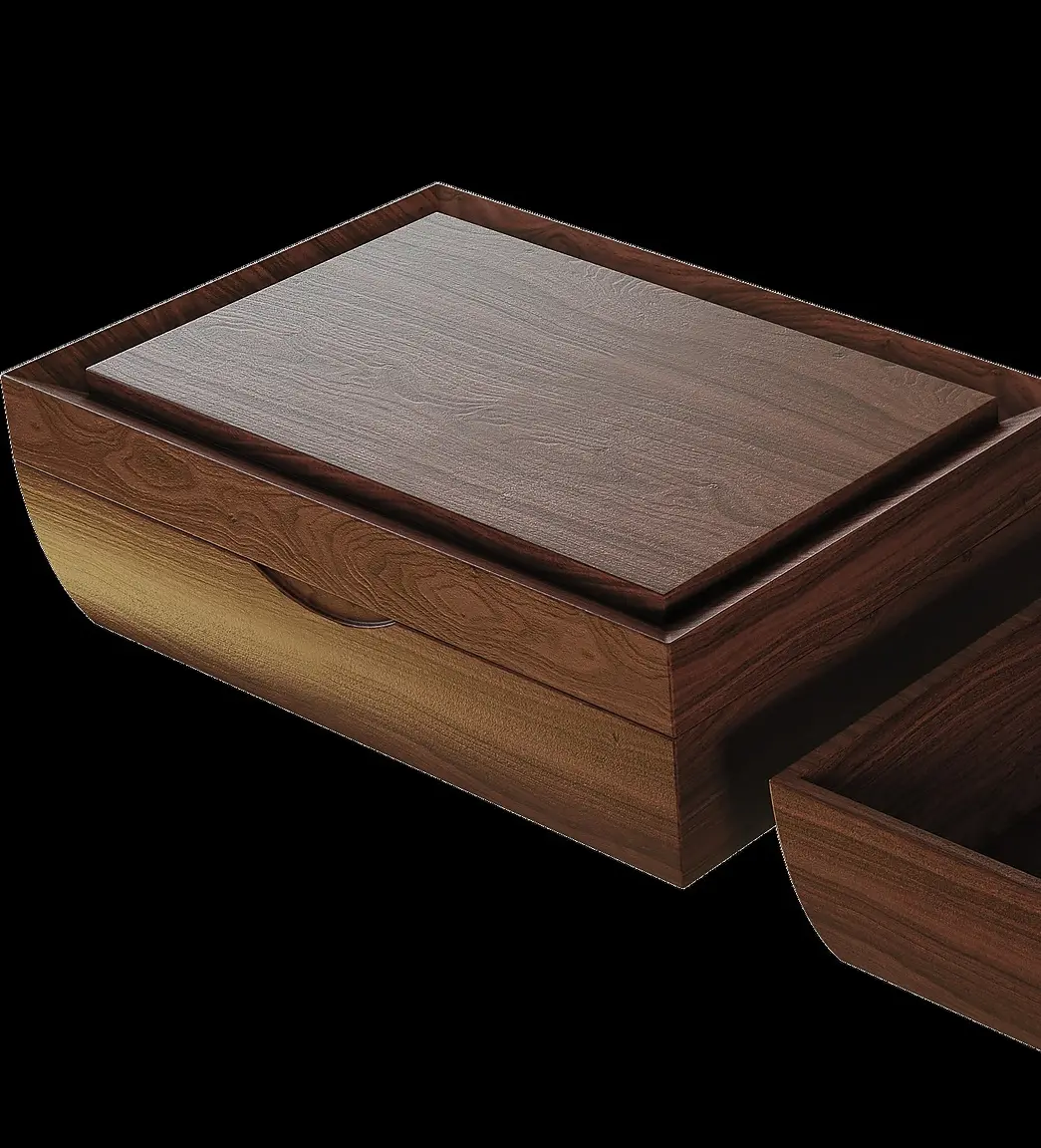 The wooden carcass closed — lid seated flush on the body, built from reclaimed coffee wood