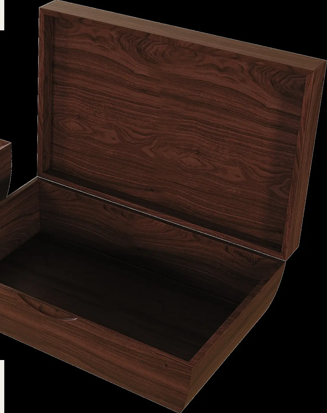 The same carcass open, showing the grain of the reclaimed coffee wood inside