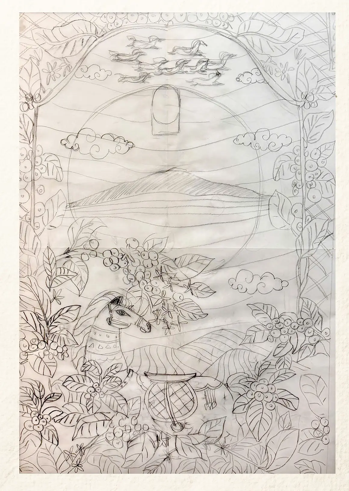 Pencil study of the orchard composition before it was transferred to lacquer