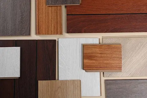 Material board — wood tones and finishes lined up for selection