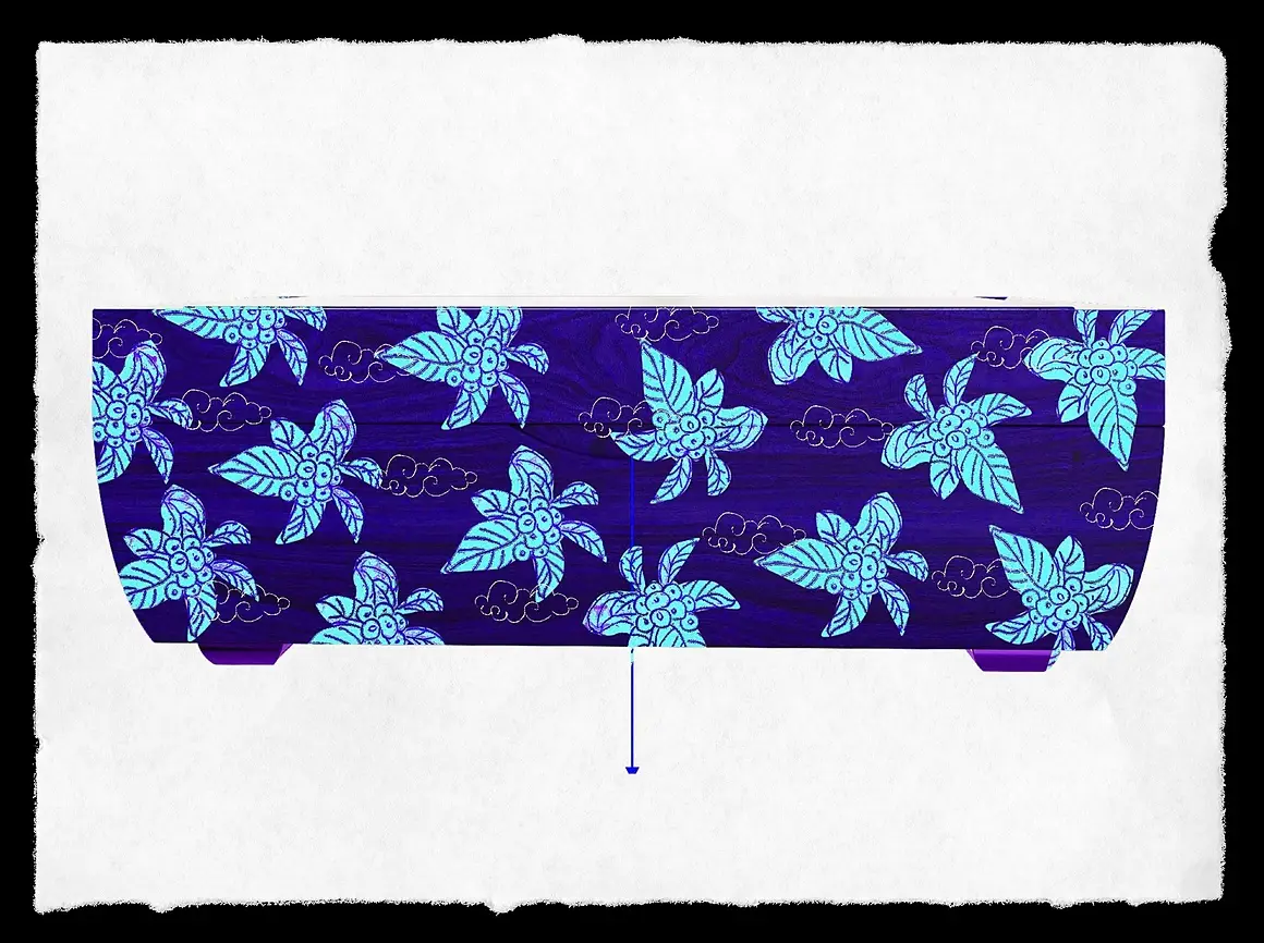 Pattern study in blue — coffee leaves and cherries painted on handmade paper