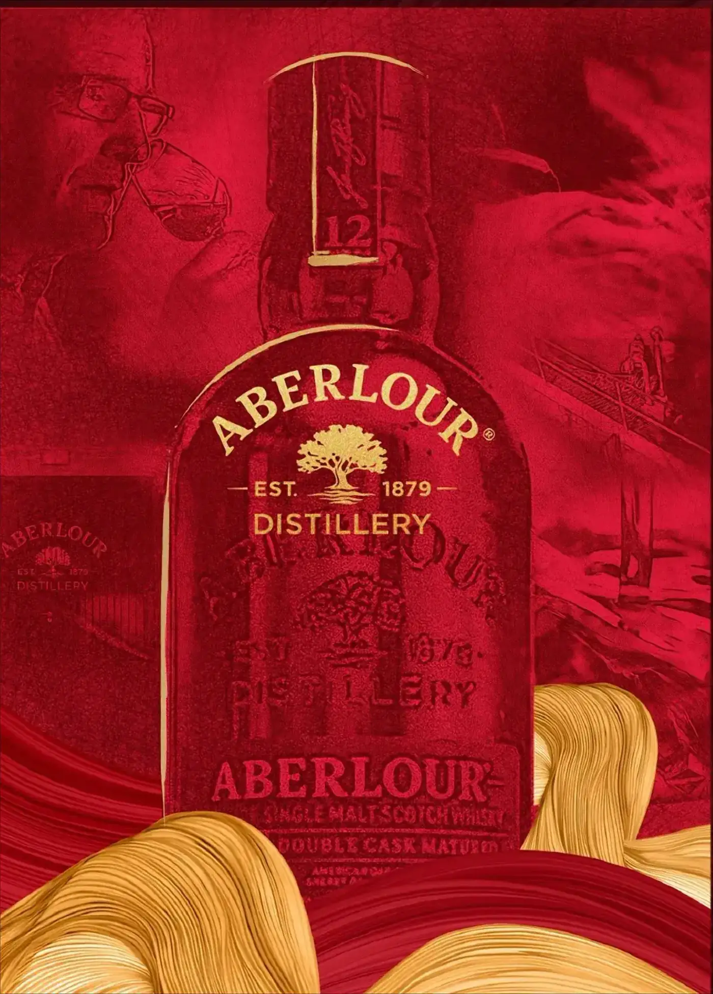 Route 02 front panel — the whole distillery engraved in line