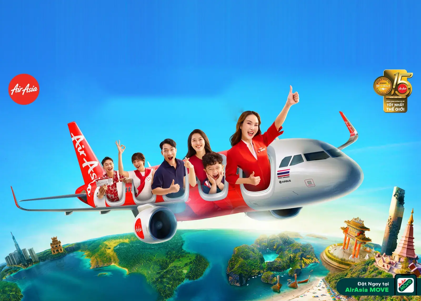 Key visual chính khổ ngang — chiếc A320 bay ngang một Thái Lan ghép từ vịnh đá vôi, mái đền và phố chợ