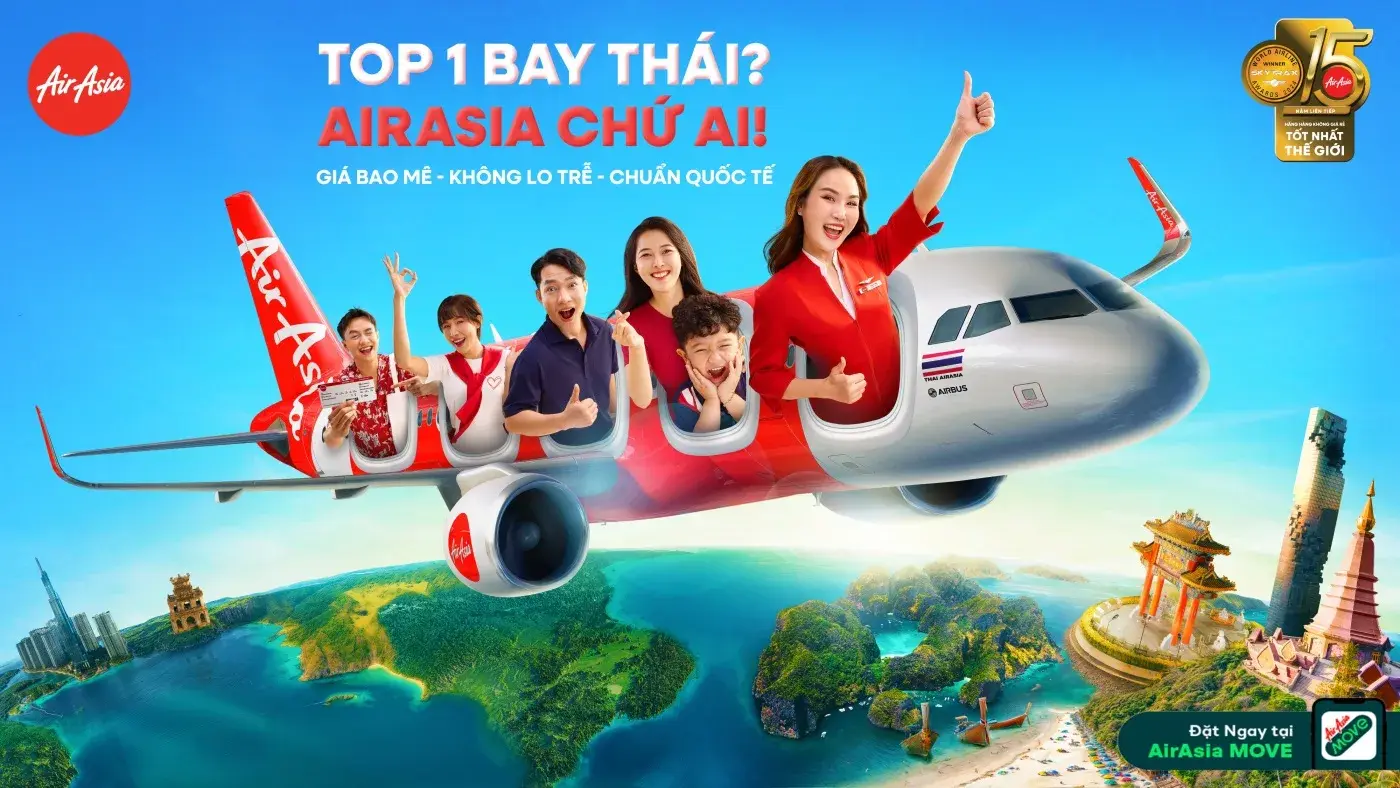 Main key visual, horizontal — the aircraft crossing a composite Thailand