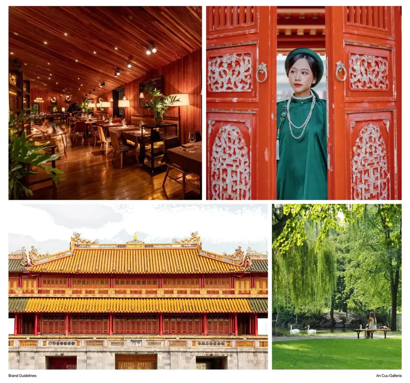 Reference photography from Huế — lacquer interiors, imperial roofs, áo dài and the citadel garden