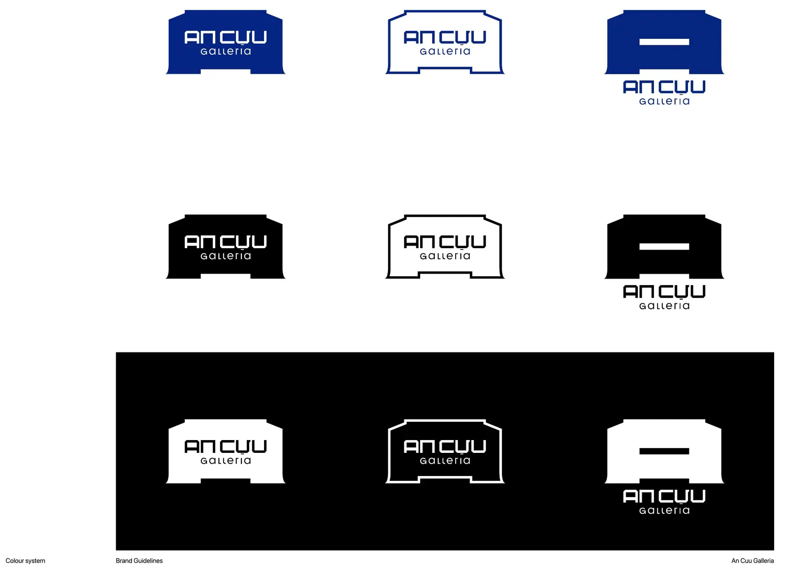 The lockup in six colourways — navy, black, white and tints