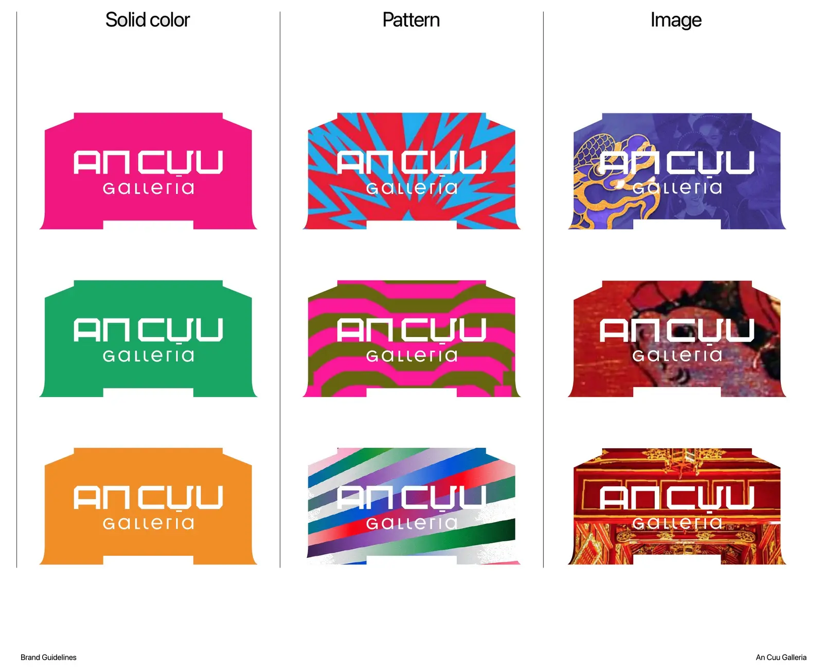 Dynamic branding — the same aperture filled with solid colour, pattern or image, nine ways