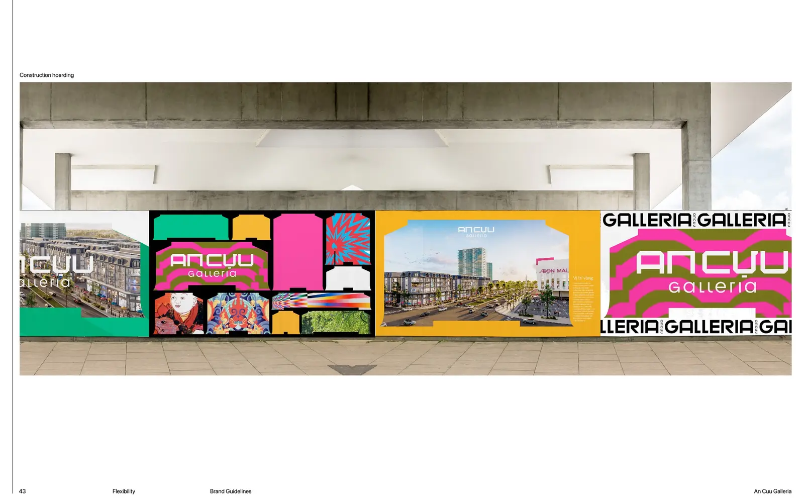 Hoarding along the storefront run, colour blocks and renders alternating