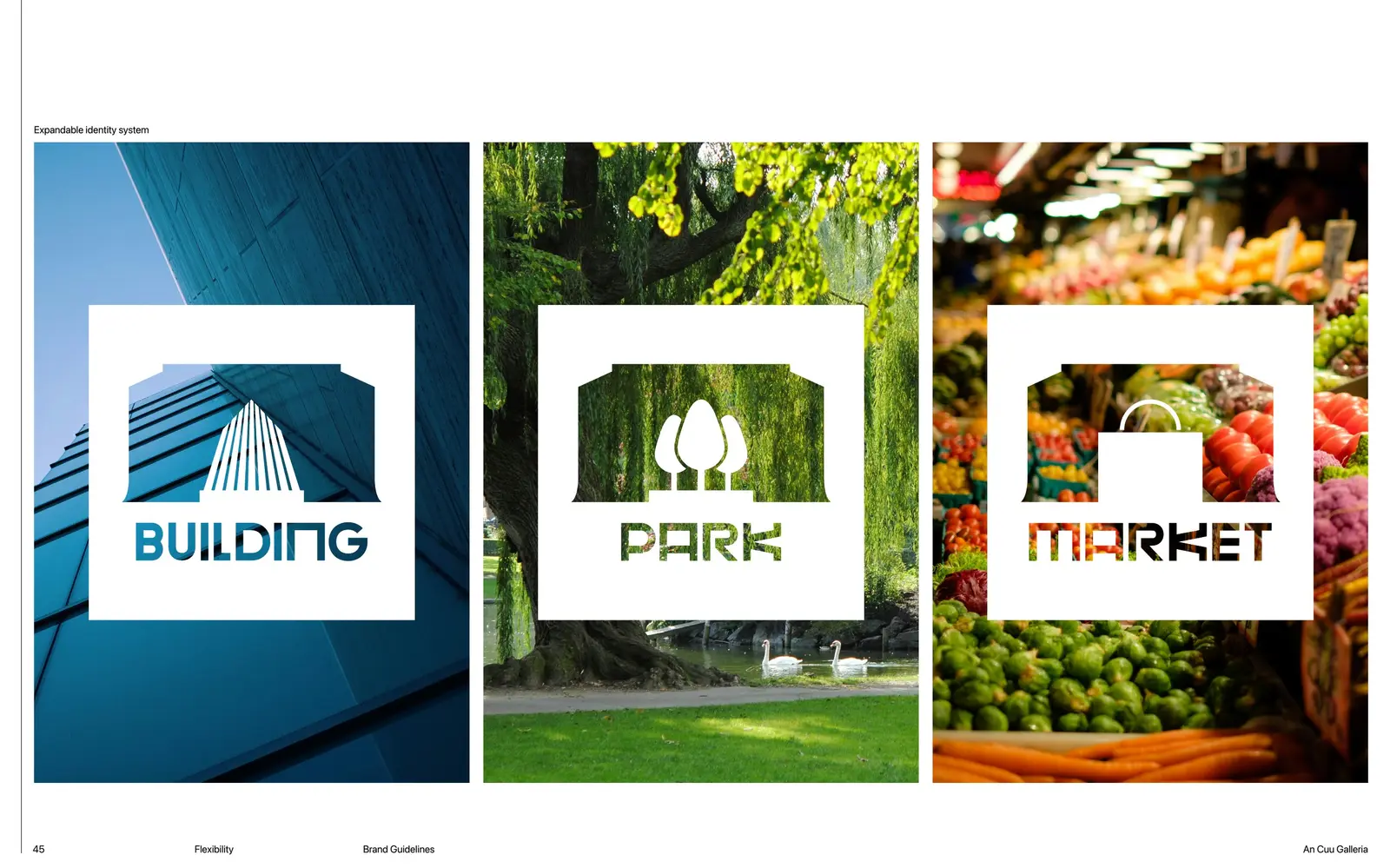 Wayfinding icons — BUILDING, PARK and MARKET, each set inside the aperture
