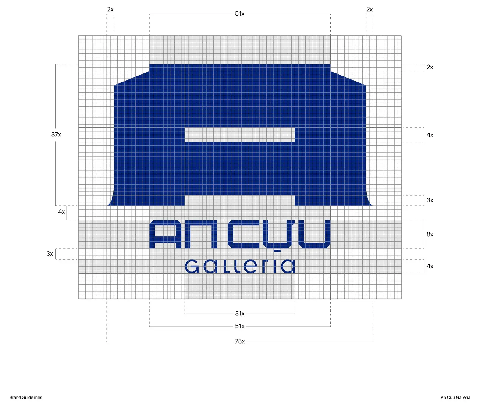 The mark drawn on a modular grid with proportions and clearance marked