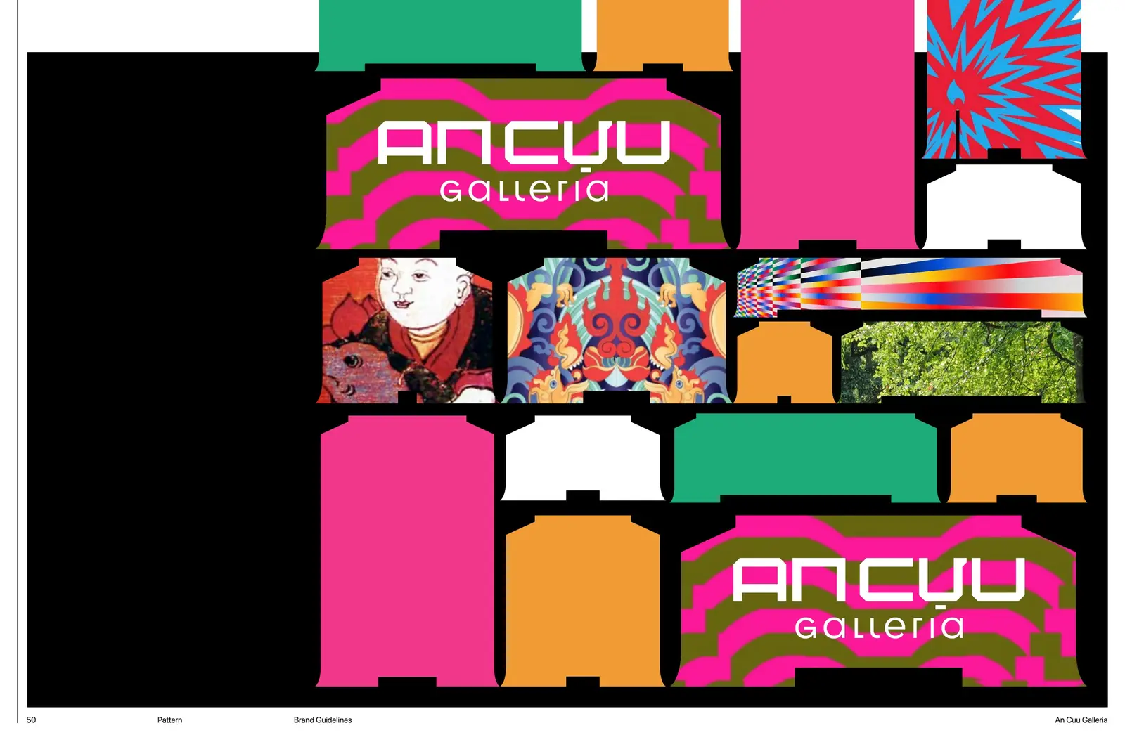 The pattern in application — panels of colour, photography and the lockup