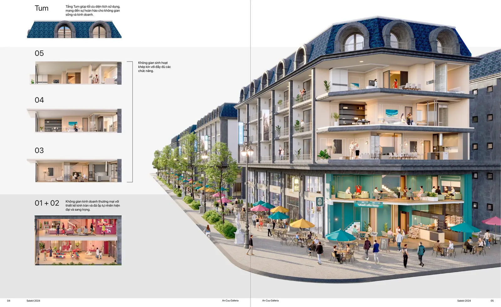 Cutaway render of a shophouse — commercial ground floor, three residential levels