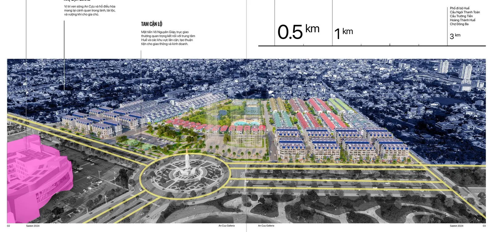 Aerial render of the masterplan with the site marked against the city