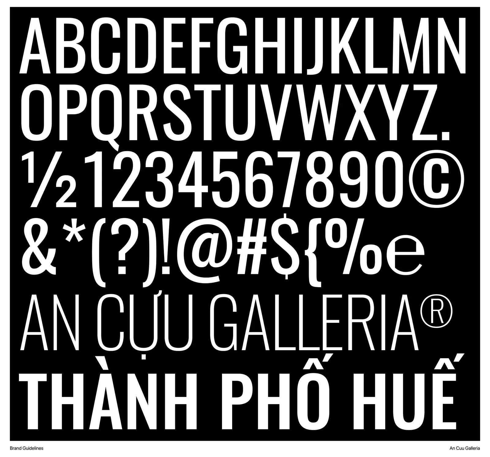 Oswald specimen — full uppercase, numerals and the Vietnamese line AN CỰU GALLERIA · THÀNH PHỐ HUẾ