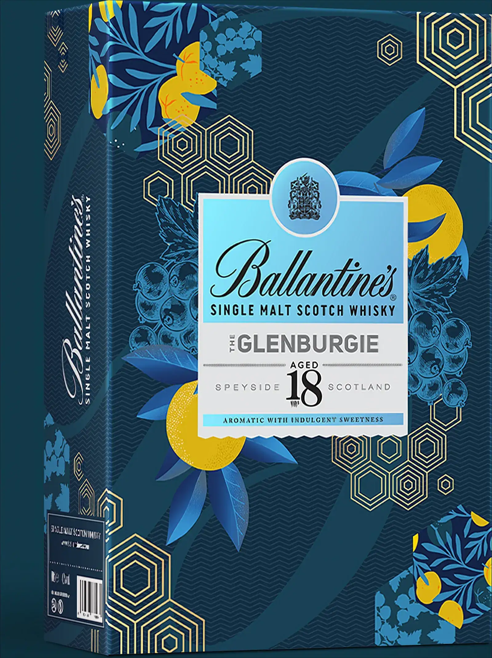 Ballantine’s 18 The Glenburgie artwork — gold hexagons and botanicals on dark ground