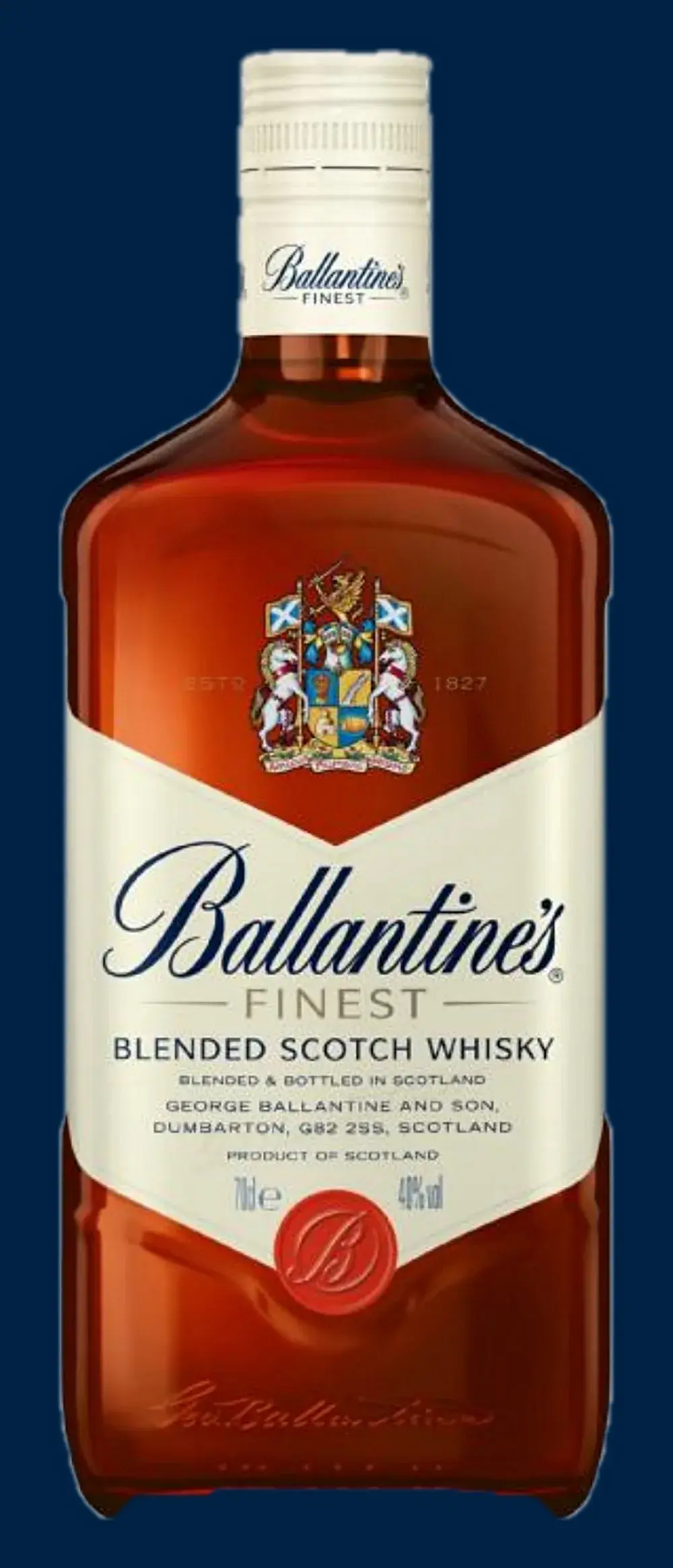 The Ballantine’s bottle, the chevron visible in the shoulder of the label
