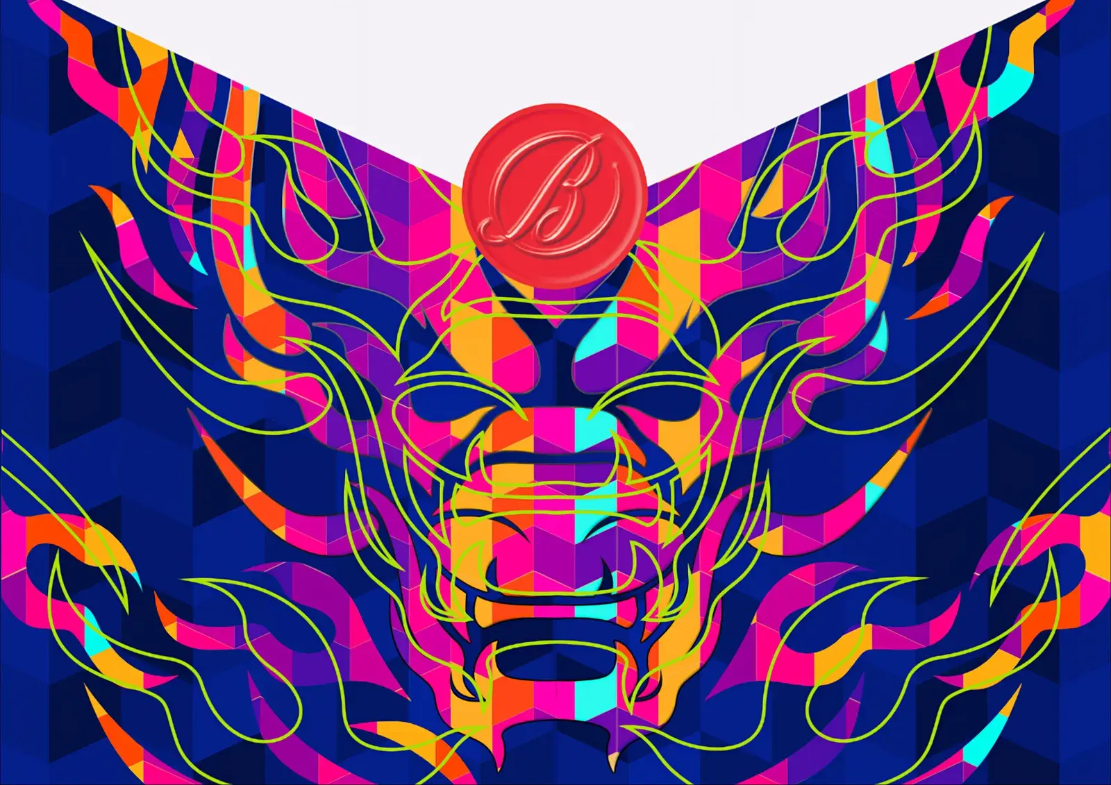 The Ballantine’s Tết 2024 pack standing on deep blue, chevron tessellation across the front