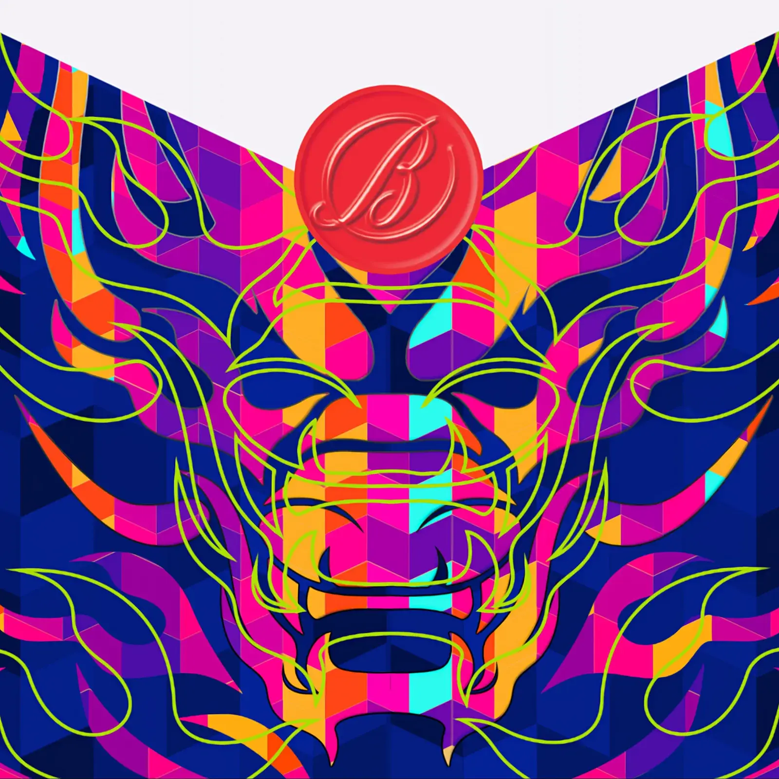 Element three — the face, chevrons resolving into the dragon’s head and the seal