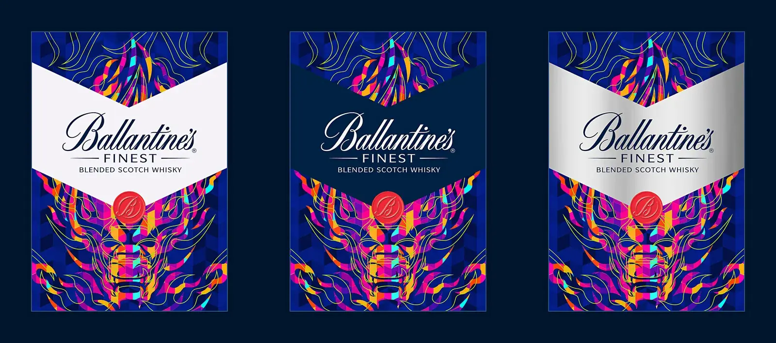 Three colourway routes shown together — white, Ballantine’s blue and metallic silver