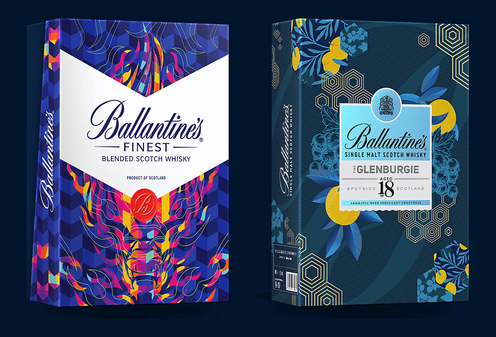 The two packs side by side — Ballantine’s Finest and Ballantine’s 18 The Glenburgie