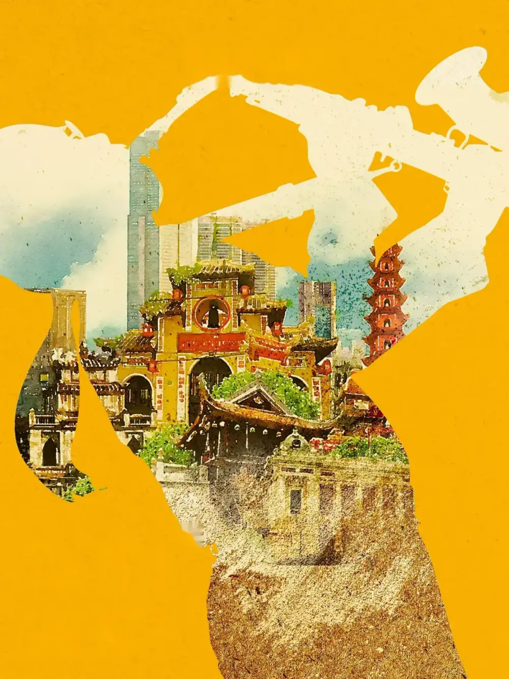 Campaign poster — a trumpeter’s silhouette filled with the Hanoi skyline on yellow