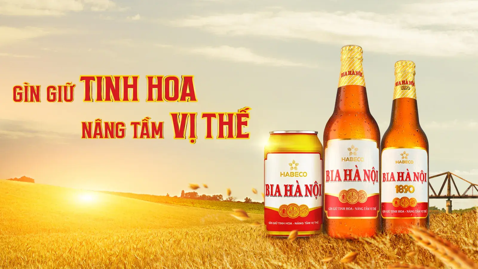 Key visual — a Hanoi street scene with the beer range in the foreground