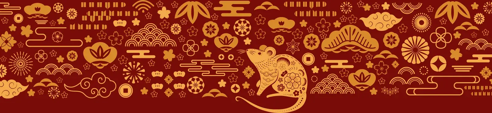 A band of Tết pattern in gold — clouds, chrysanthemum, apricot blossom, coins and mountains