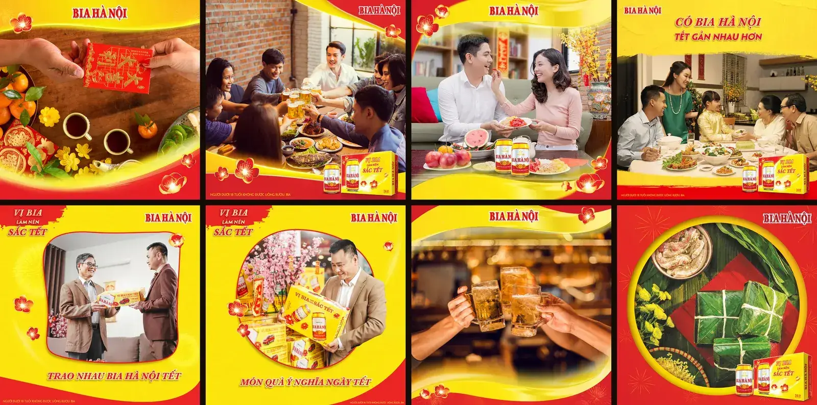 Eight Tết posts — table, lucky money, chưng cake, gifting, glasses raised