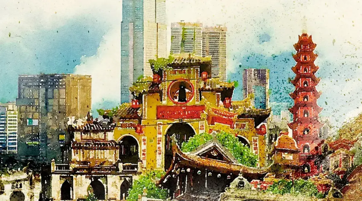Watercolour cityscape of Hanoi — old quarter, Ô Quan Chưởng, Trấn Quốc pagoda, Long Biên bridge and new towers on one sheet