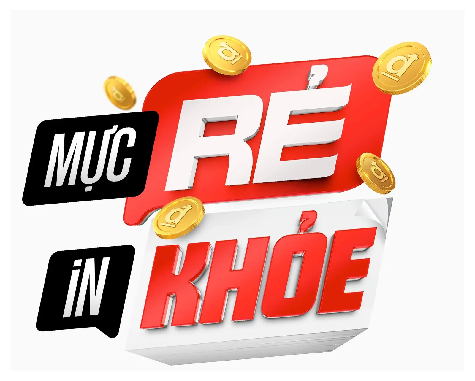 The tagline artwork — the words built in 3D from stacked paper, coins and toner, on red