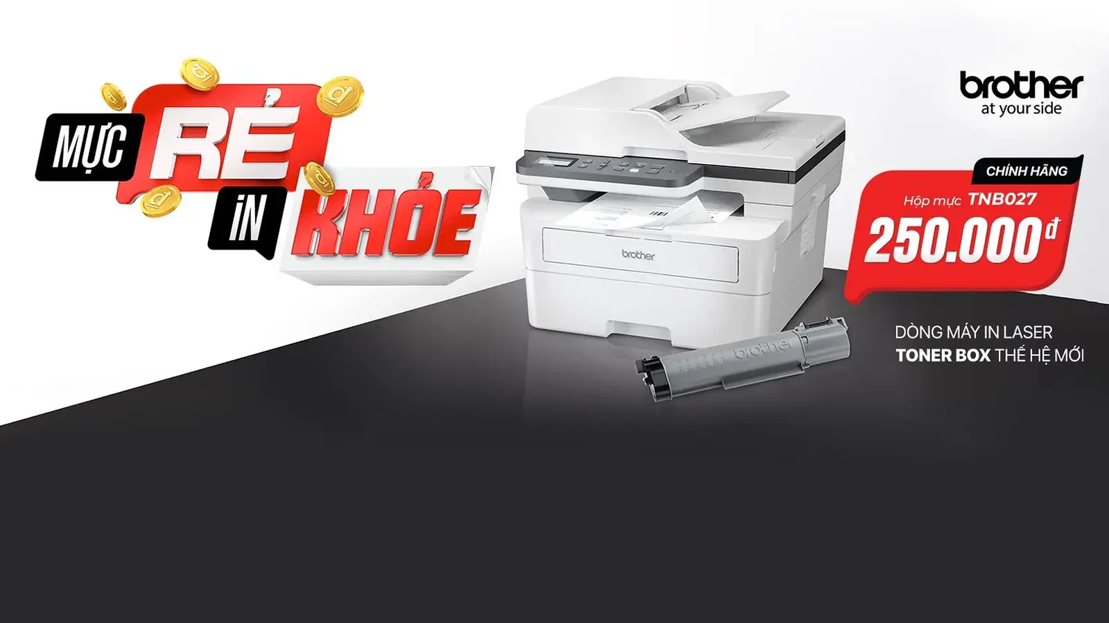 Horizontal key visual — the tagline lockup with the printer range and the toner claim