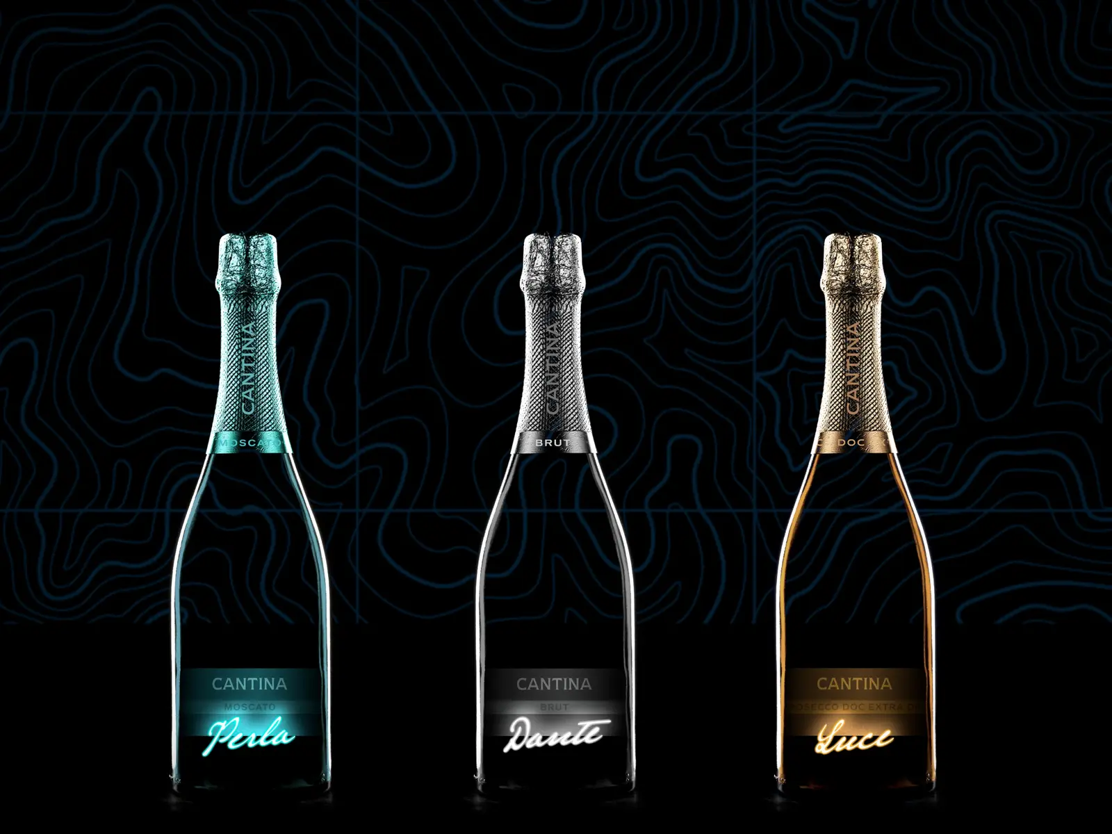 The three Cantina bottles — Perla, Dante and Luce — lit against the contour pattern in deep blue