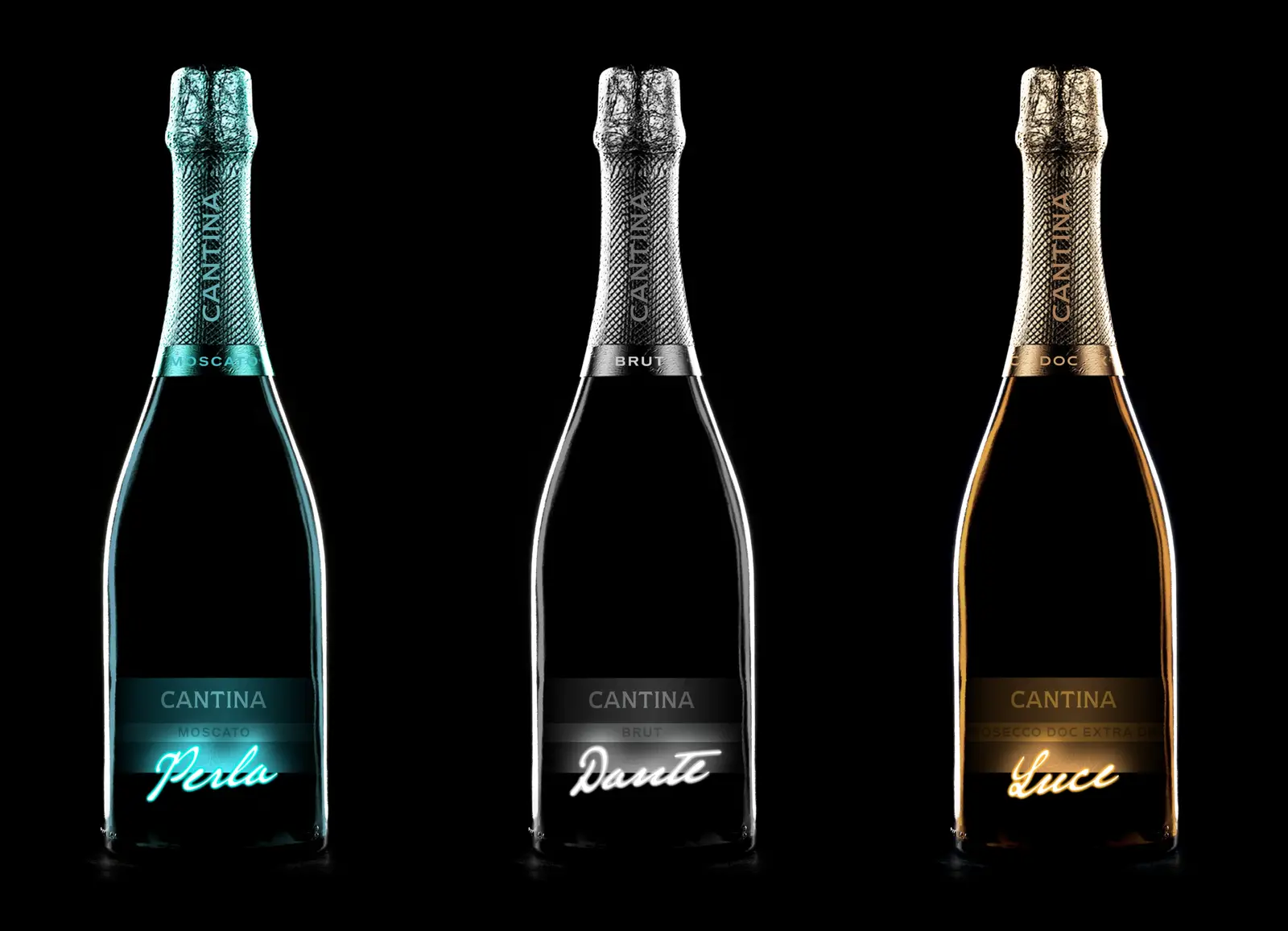 The three bottles side by side, each label lit so the script name glows off the black
