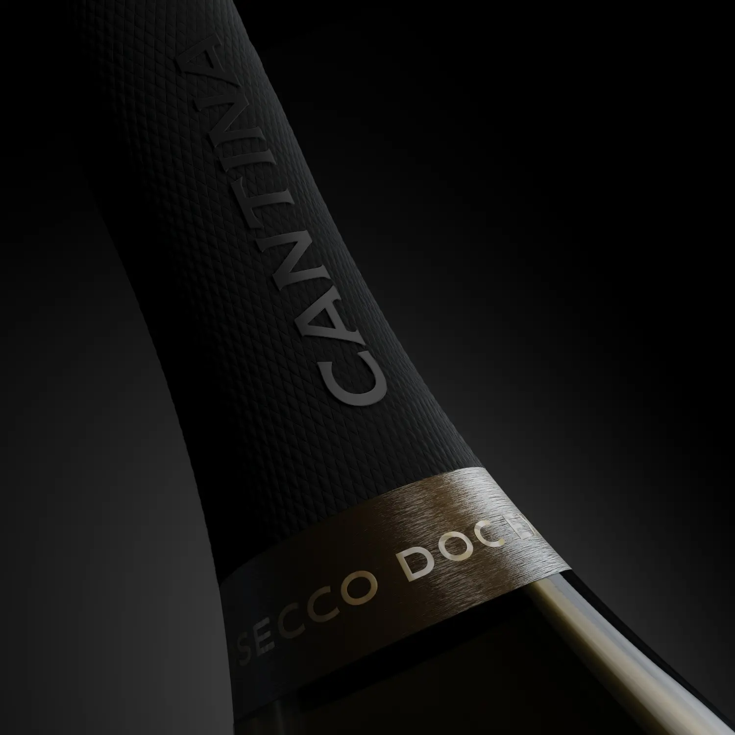 Macro of the Luce label — Prosecco DOC set in gold on black