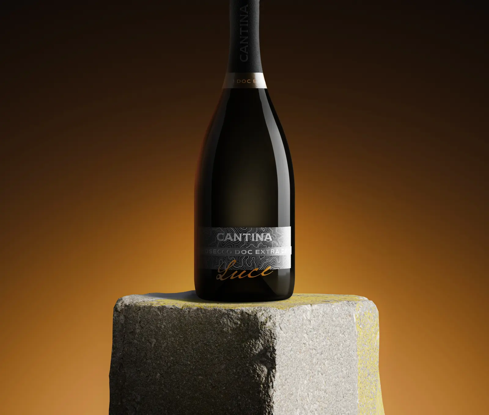 The Luce bottle standing on a concrete block against a warm amber field