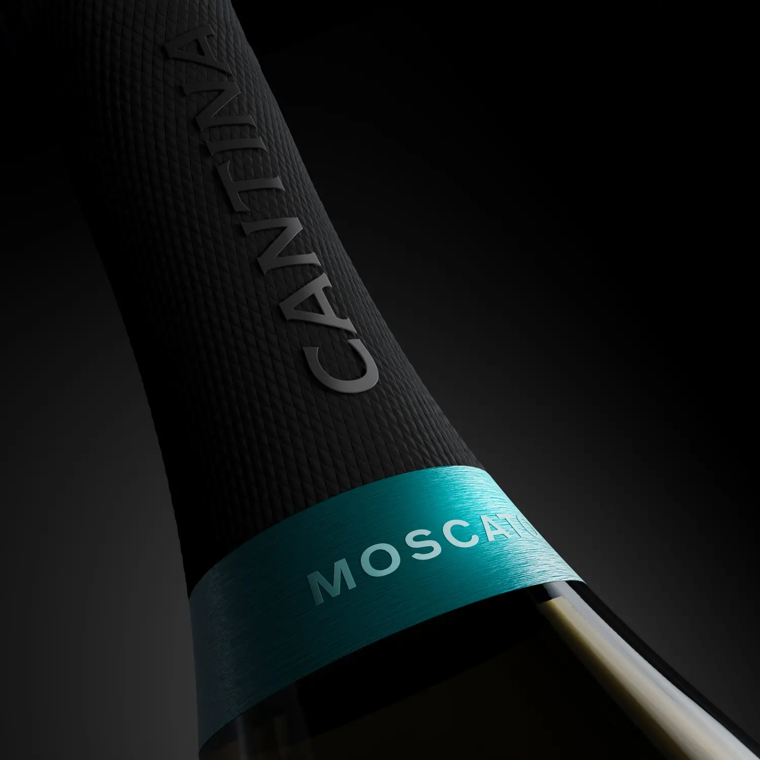 Macro of the Perla neck band — the teal foil against the embossed black label
