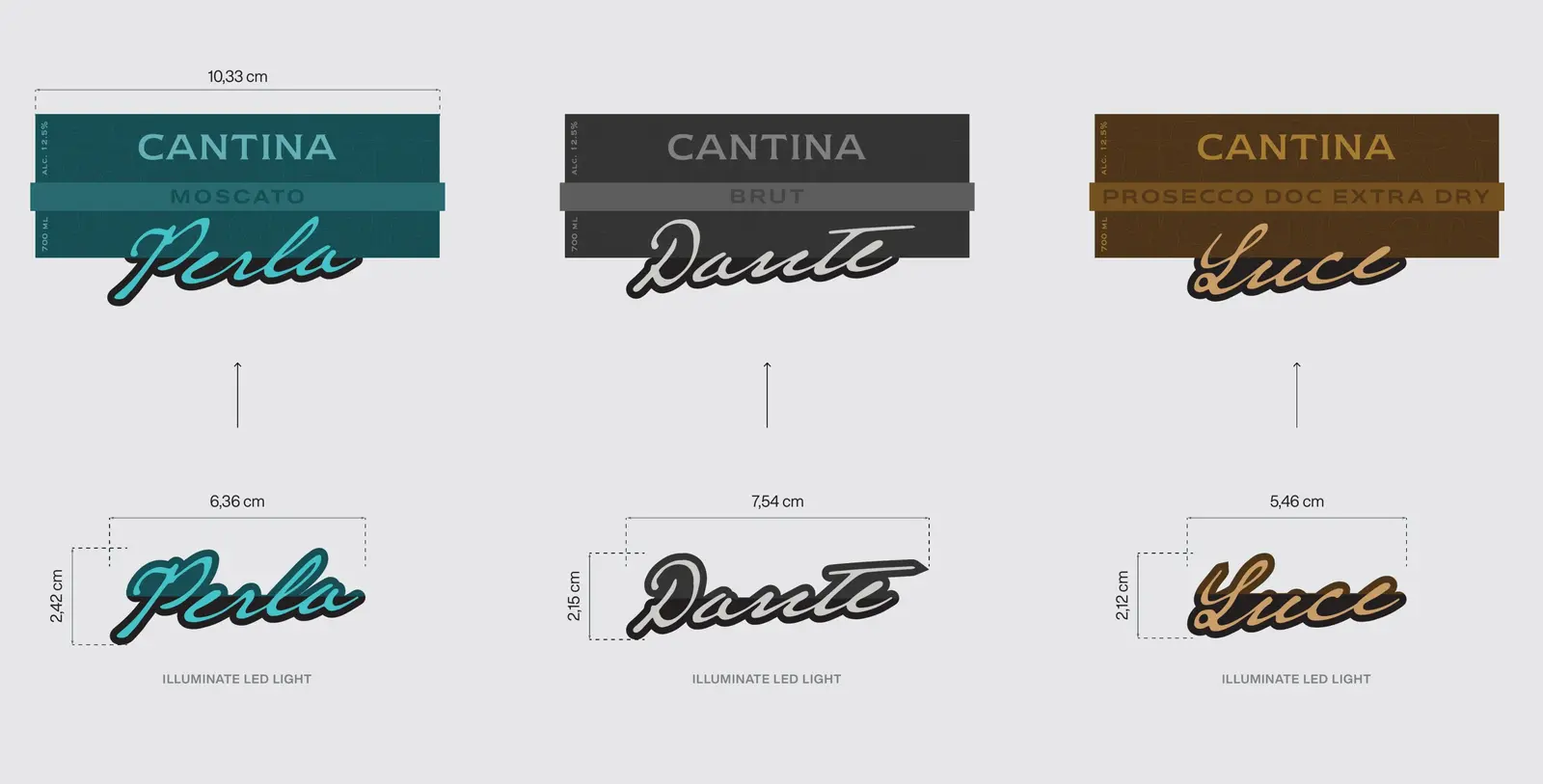 Label architecture drawn out: brand line, variant script and tier line, specified for all three variants
