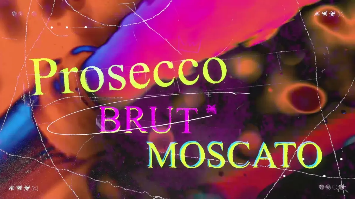 Film frame — Prosecco, Brut and Moscato set in colour against a liquid field