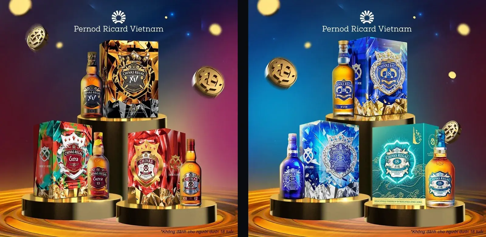 Two campaign key visuals showing the full range arranged on gold podiums