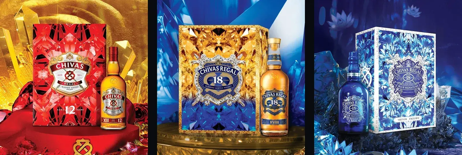 The 2026 edition — ruby, gold and sapphire packs with their bottles