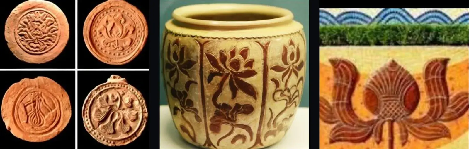 Lý Dynasty artefacts — four terracotta lotus medallions and a carved ceramic vessel