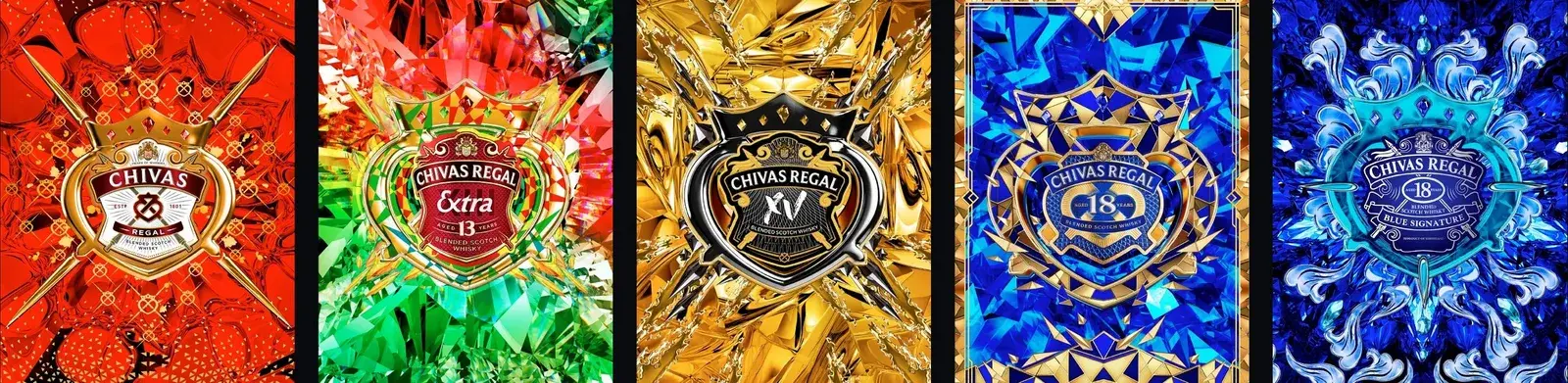 The five pack faces in a row — ruby, emerald, topaz, gold and sapphire, one construction each