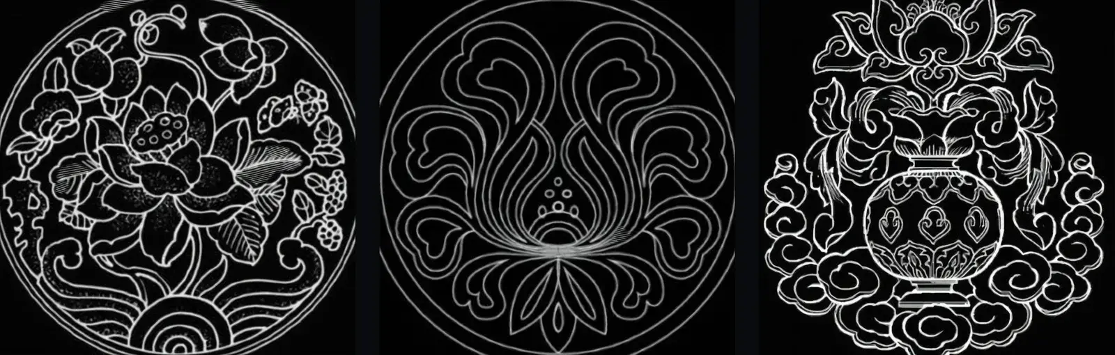 Three line drawings tracing the lotus medallion from the artefacts