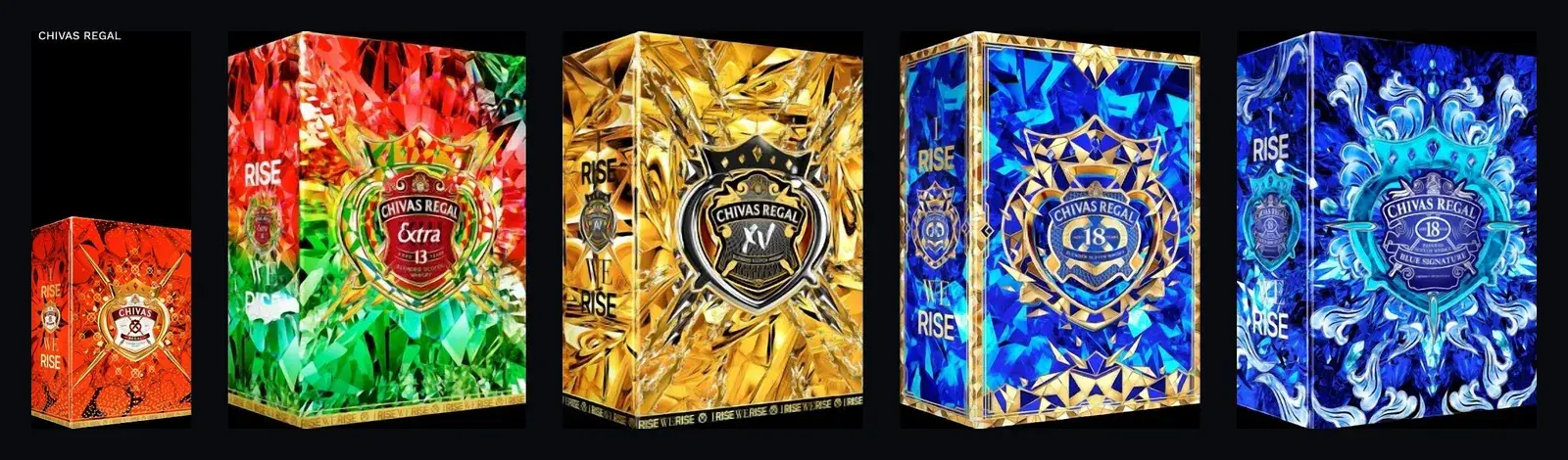 Concept renders of five packs in the six-SKU family — red, green, gold, blue and deep blue packs side by side