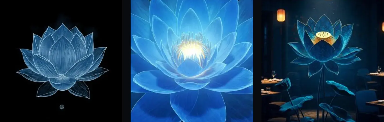 Six lotus images in a row — closed bud, lit bloom, night pond, pink flower, white flower, and a woman in áo dài