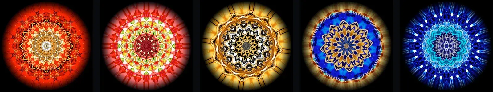 Five kaleidoscope medallions in a row — one construction, five stones